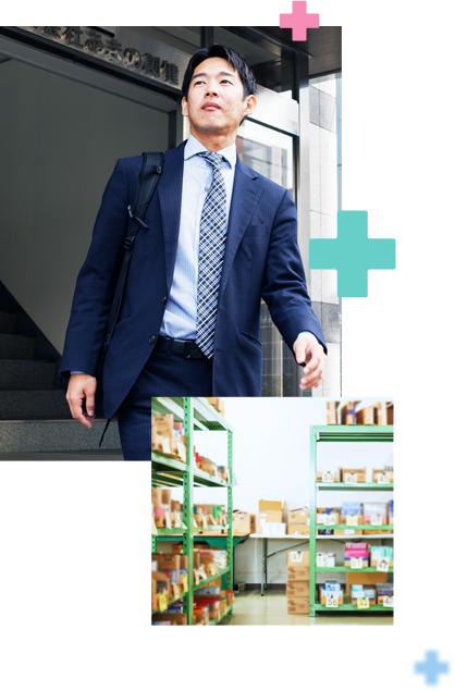 営業職の社員があまの創健の社屋から仕事へ行く様子／豊富な薬の棚